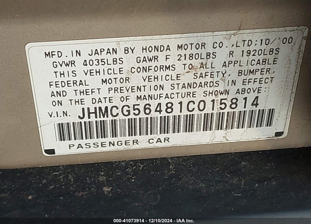 2001 HONDA ACCORD 2.3 LX VIN: JHMCG56481C015814