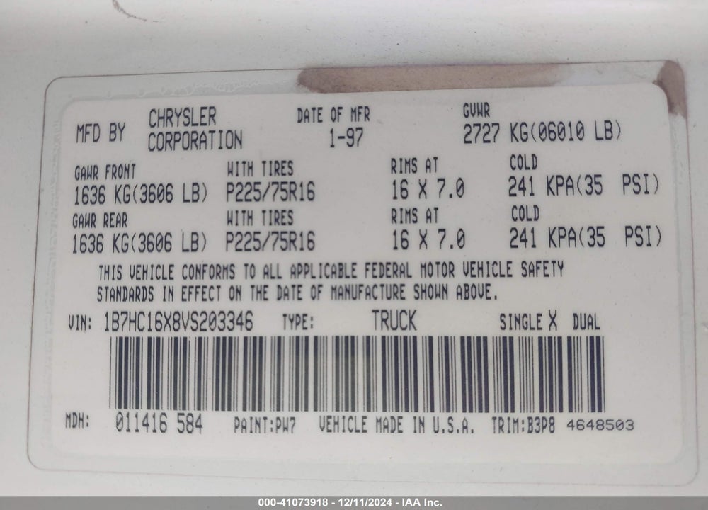 1997 DODGE RAM 1500 LT/WORK SPECIAL VIN: 1B7HC16X8VS203346