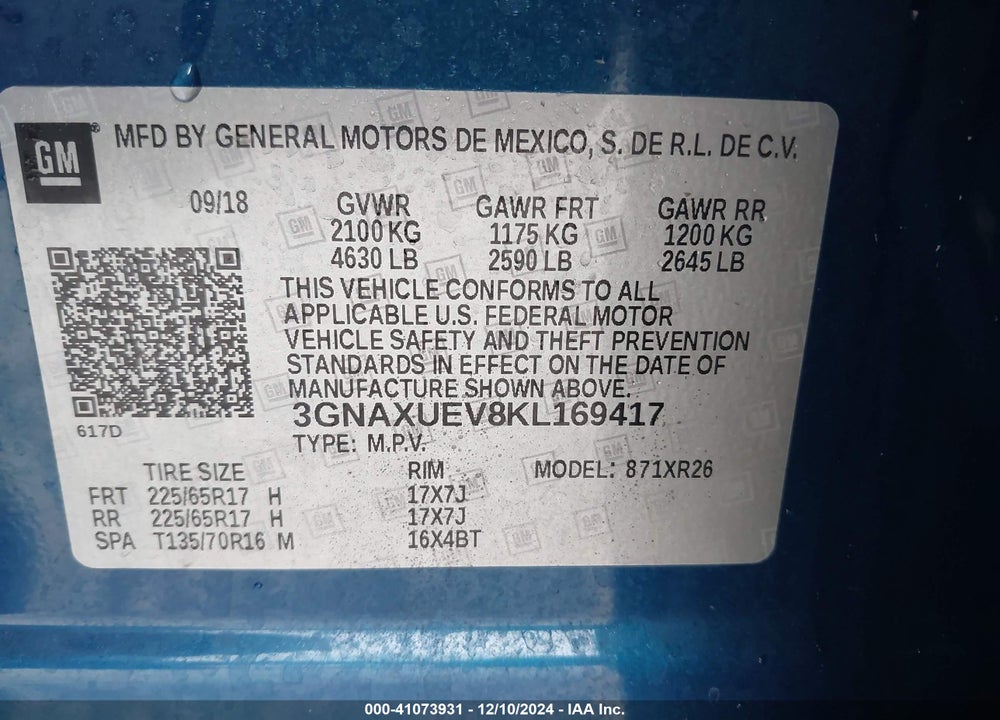 2019 CHEVROLET EQUINOX LT VIN: 3GNAXUEV8KL169417
