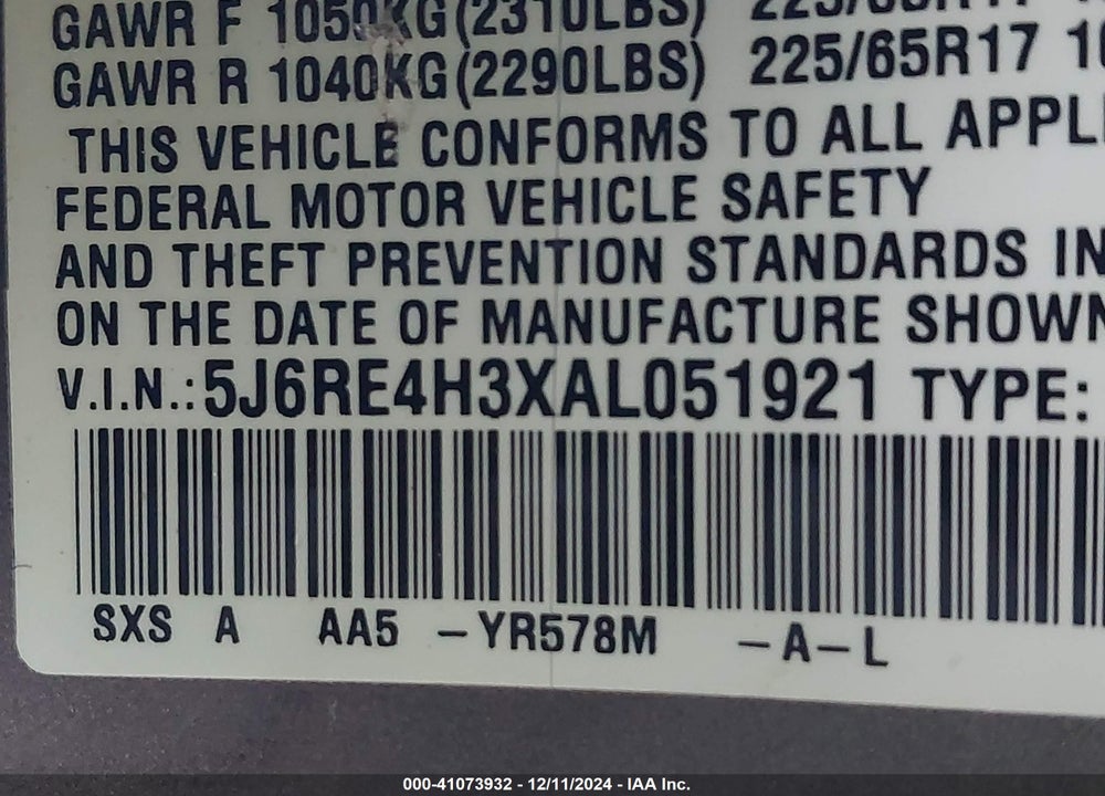 2010 HONDA CR-V LX VIN: 5J6RE4H3XAL051921