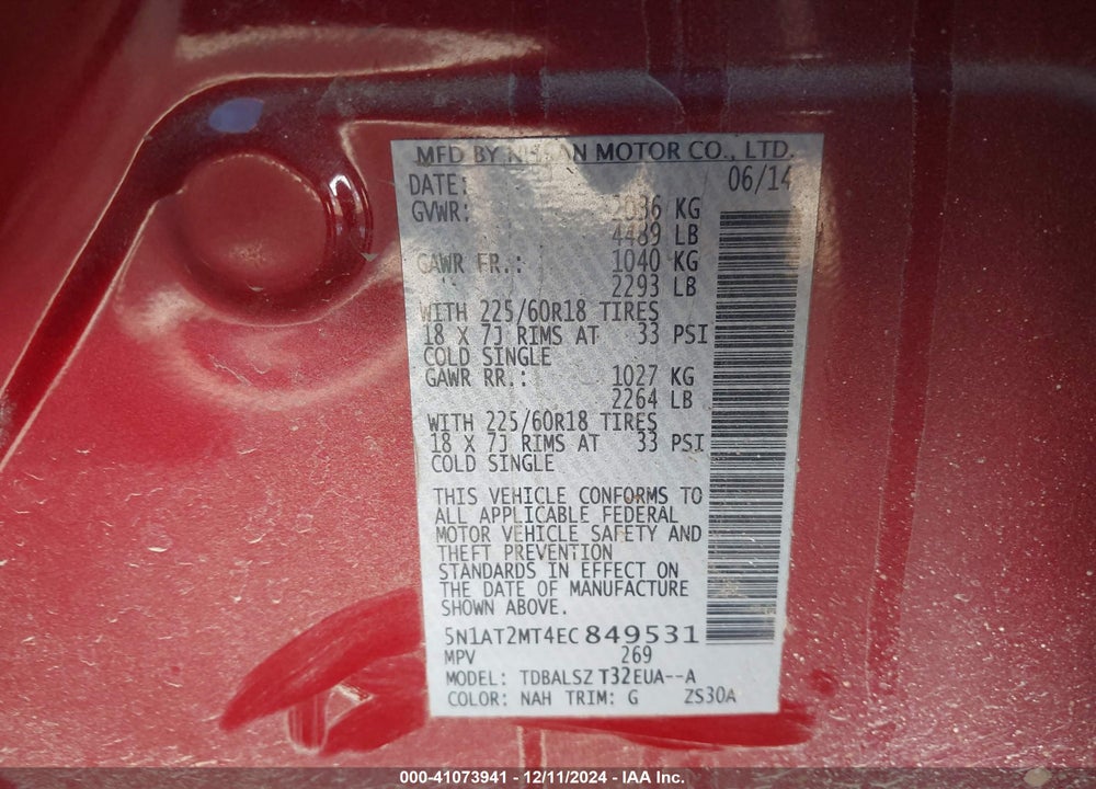 2014 NISSAN ROGUE SL VIN: 5N1AT2MT4EC849531