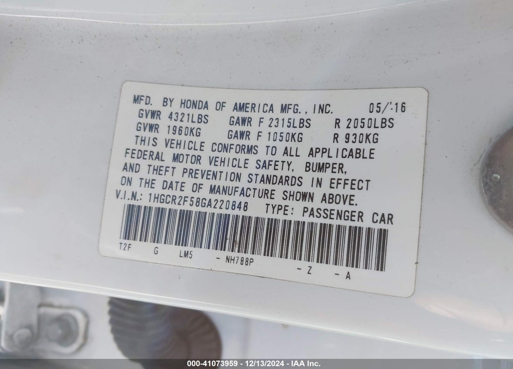 2016 HONDA ACCORD VIN: 1HGCR2F58GA220848