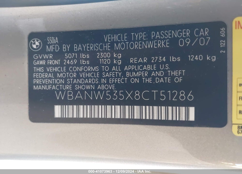 2008 BMW 550I VIN: WBANW535X8CT51286