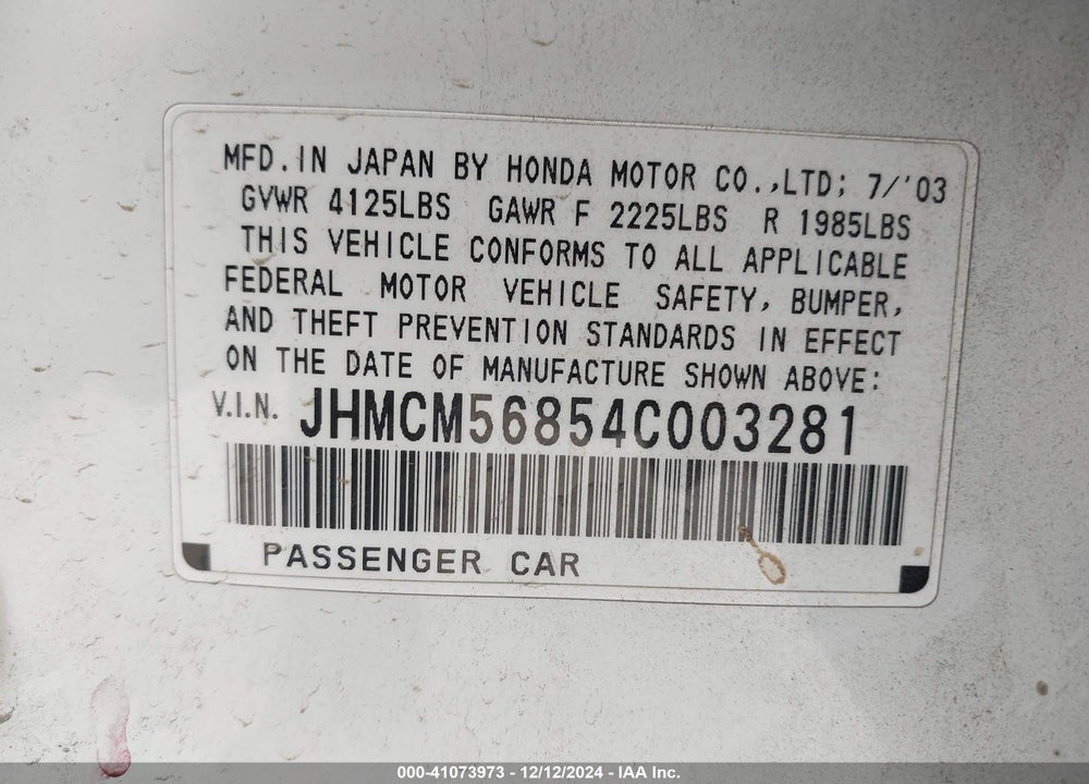 2004 HONDA ACCORD 2.4 EX VIN: JHMCM56854C003281