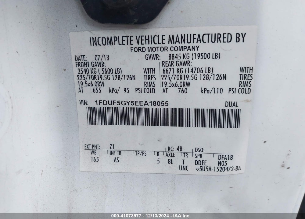 2014 FORD F-550 CHASSIS XL VIN: 1FDUF5GY5EEA18055