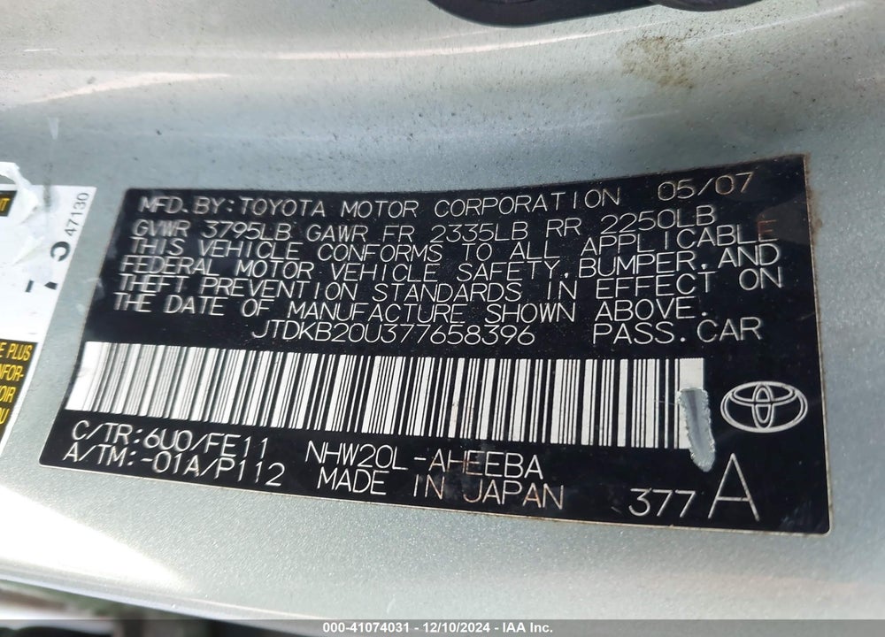 2007 TOYOTA PRIUS VIN: JTDKB20U377658396
