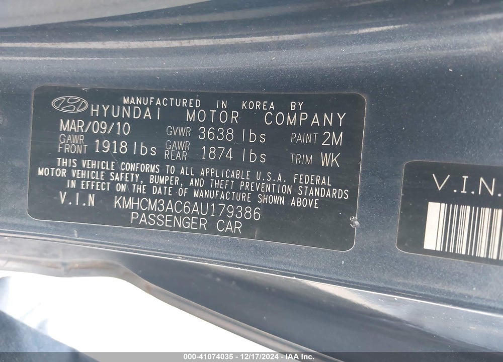 2010 HYUNDAI ACCENT GS VIN: KMHCM3AC6AU179386