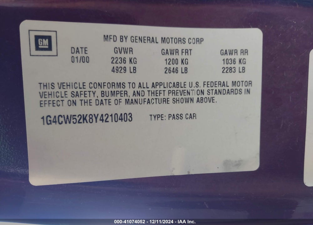 2000 BUICK PARK AVENUE VIN: 1G4CW52K8Y4210403