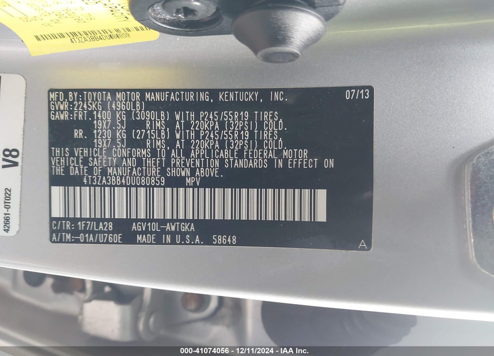 2013 TOYOTA VENZA LE/XLE VIN: 4T3ZA3BB4DU080859