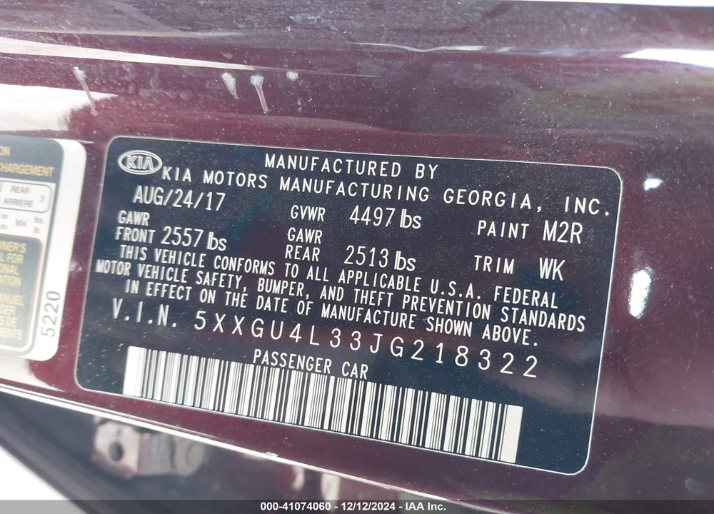 2018 KIA OPTIMA VIN: 5XXGU4L33JG218322
