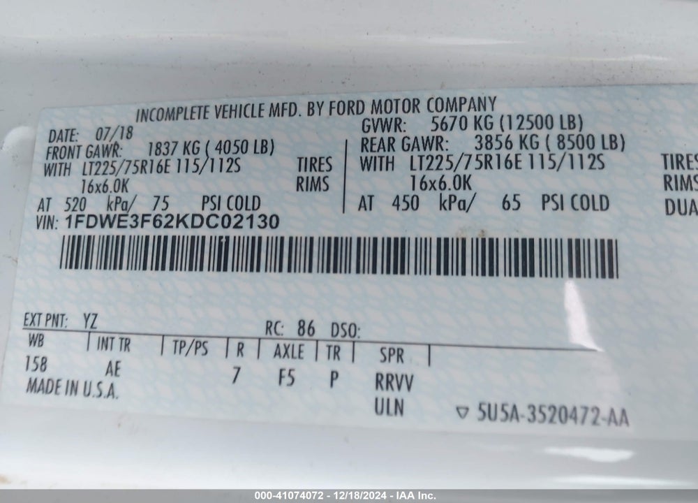 2019 FORD E-350 CUTAWAY VIN: 1FDWE3F62KDC02130