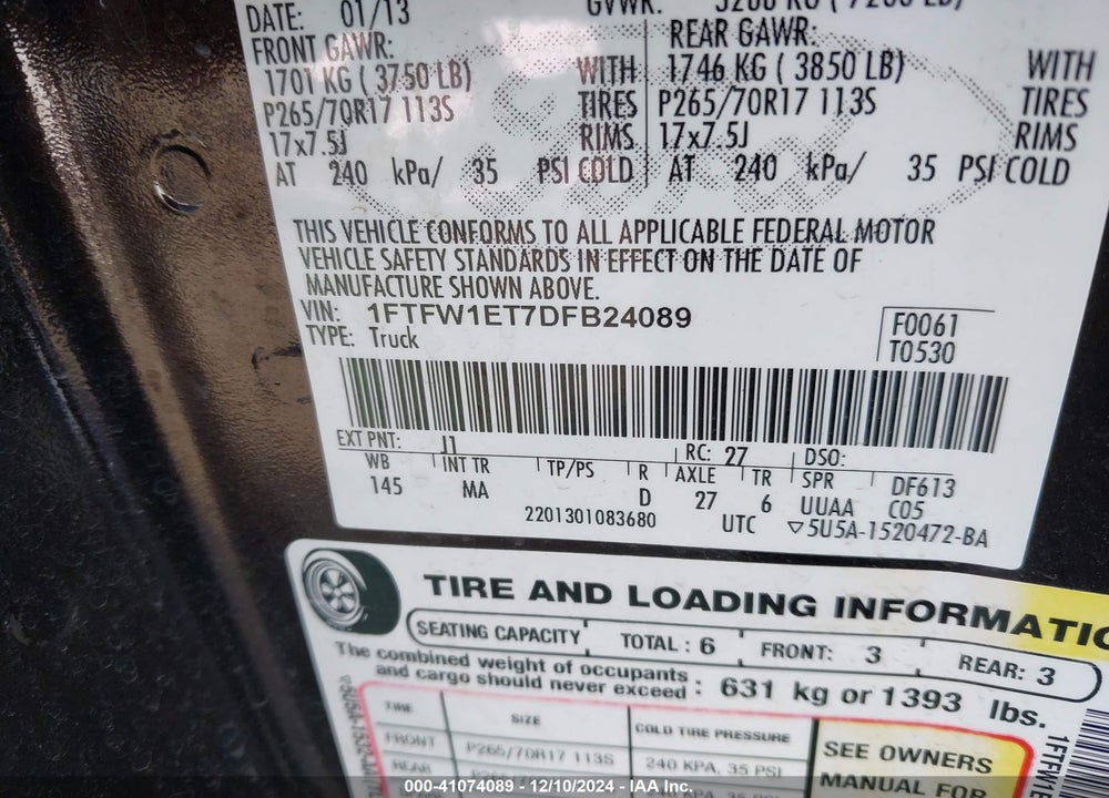 2013 FORD F-150 XLT VIN: 1FTFW1ET7DFB24089