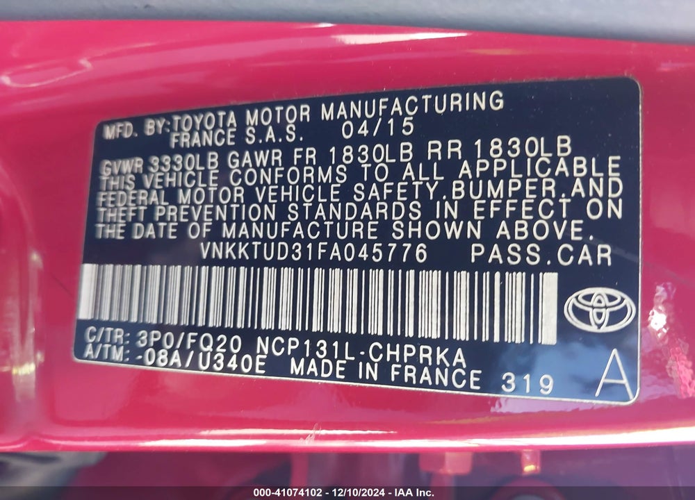 2015 TOYOTA YARIS L VIN: VNKKTUD31FA045776