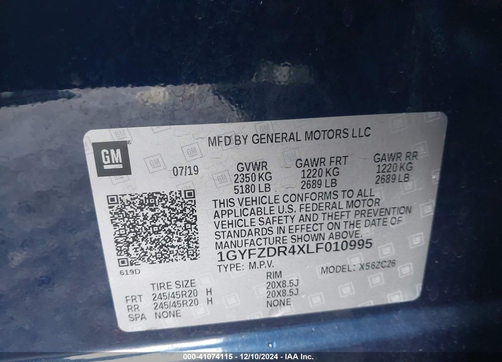 2020 CADILLAC XT4 VIN: 1GYFZDR4XLF010995
