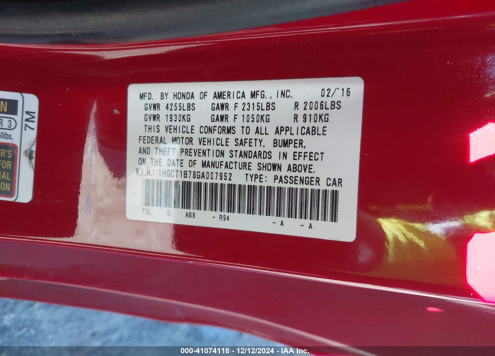 2016 HONDA ACCORD EX VIN: 1HGCT1B78GA007952