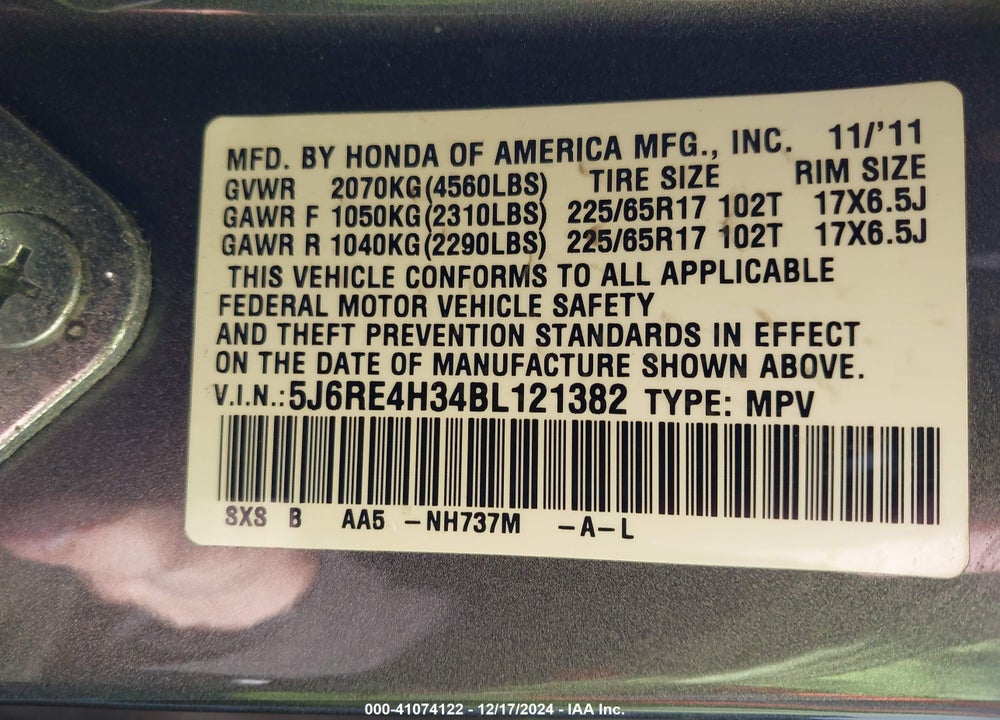 2011 HONDA CR-V LX VIN: 5J6RE4H34BL121382