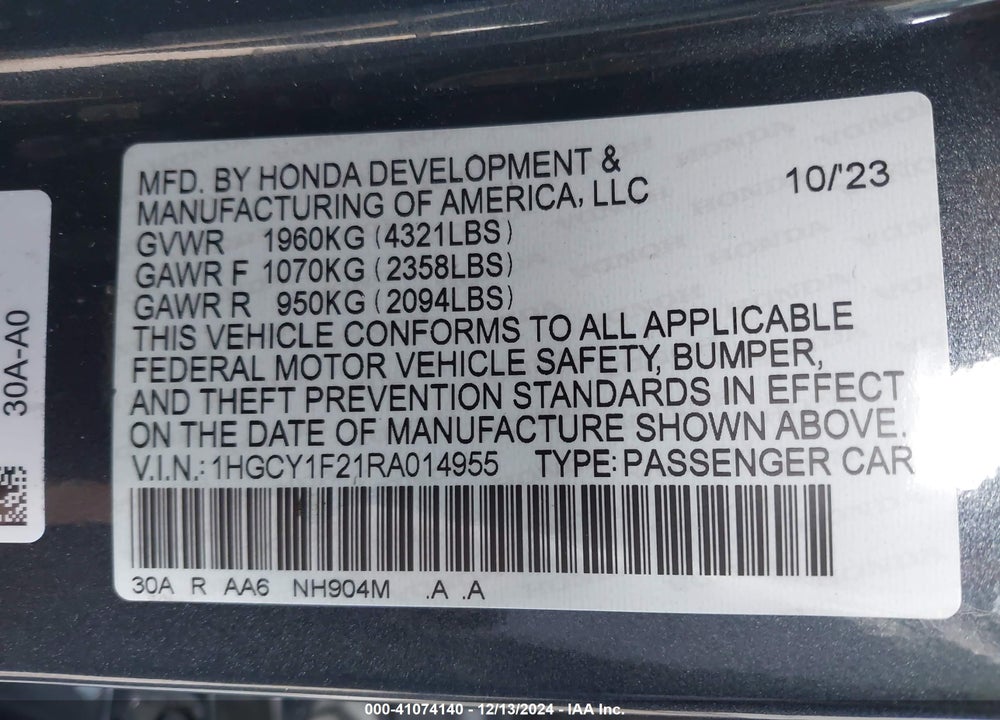 2024 HONDA ACCORD LX VIN: 1HGCY1F21RA014955