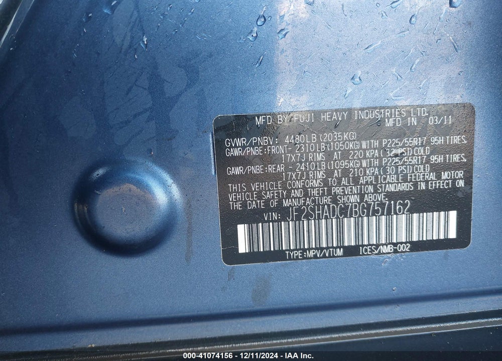 2011 SUBARU FORESTER 2.5X PREMIUM VIN: JF2SHADC7BG757162