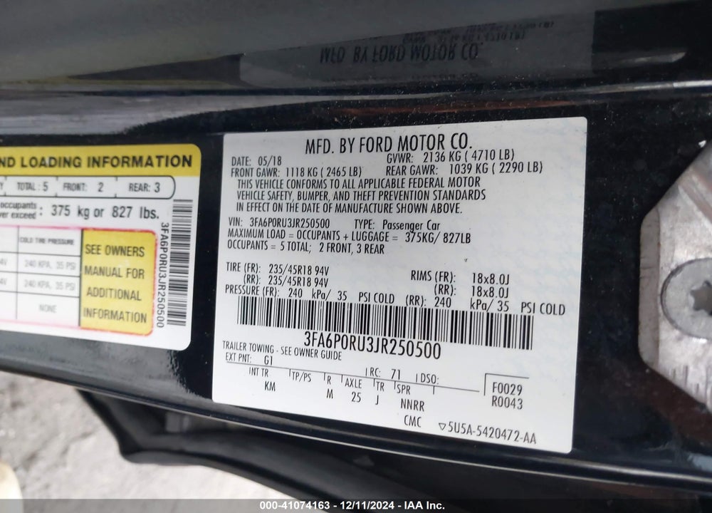 2018 FORD FUSION HYBRID TITANIUM VIN: 3FA6P0RU3JR250500
