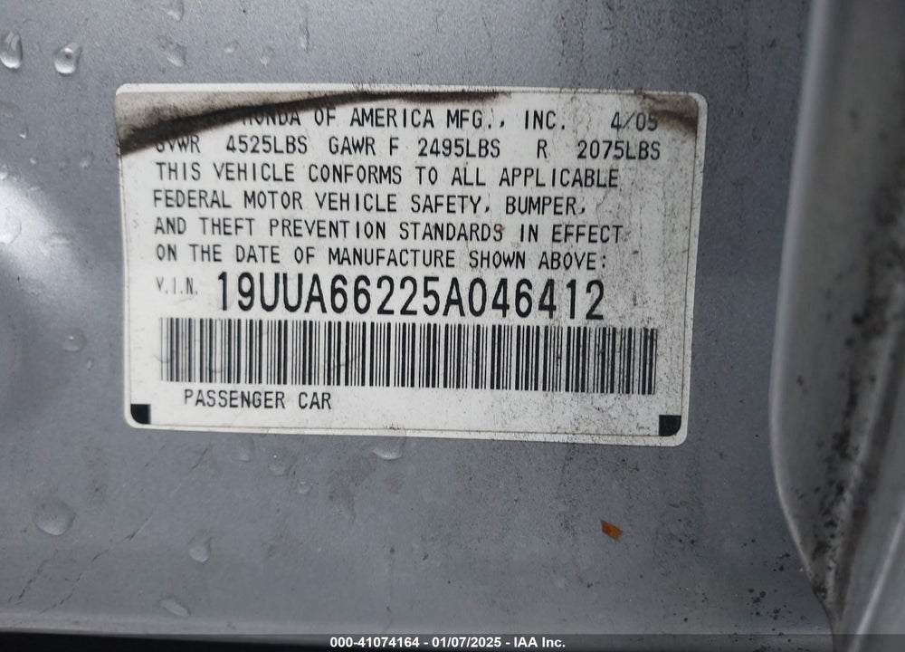2005 ACURA TL VIN: 19UUA66225A046412