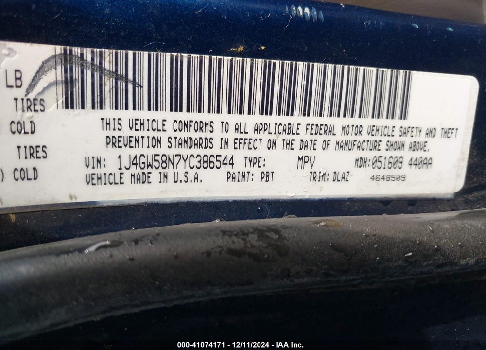 2000 JEEP GRAND CHEROKEE LIMITED VIN: 1J4GW58N7YC386544