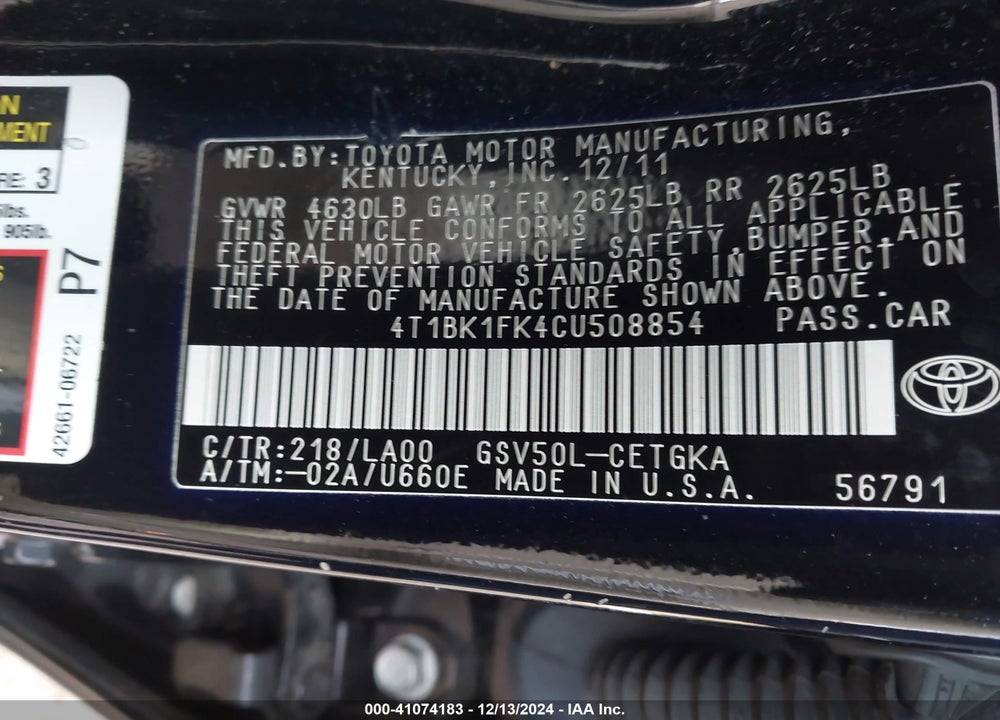 2012 TOYOTA CAMRY XLE V6 VIN: 4T1BK1FK4CU508854