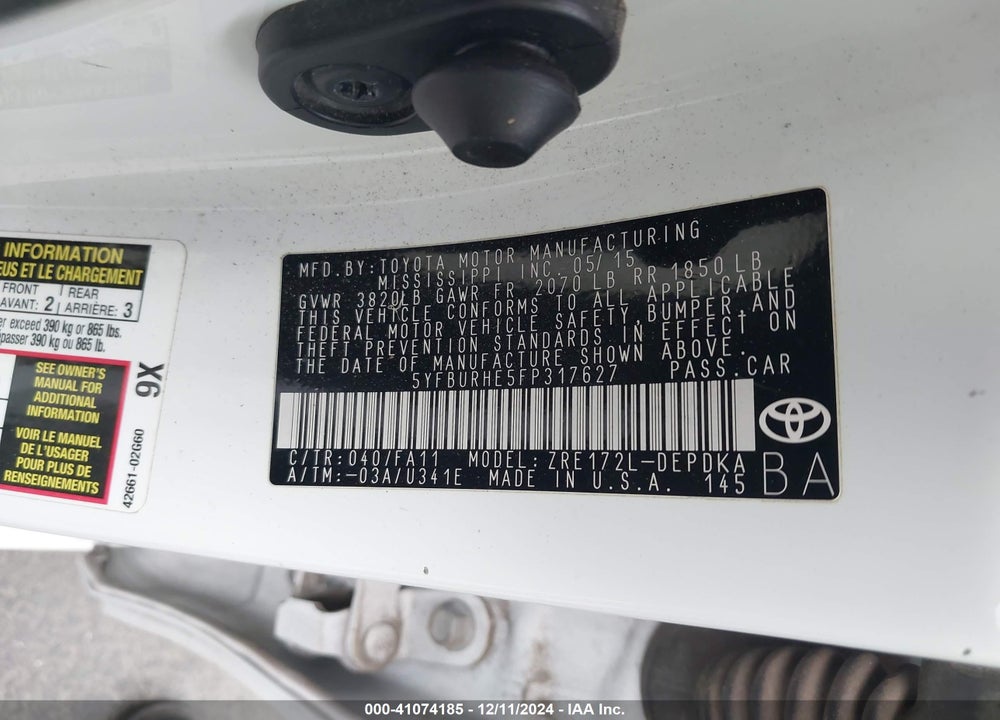 2015 TOYOTA COROLLA L VIN: 5YFBURHE5FP317627