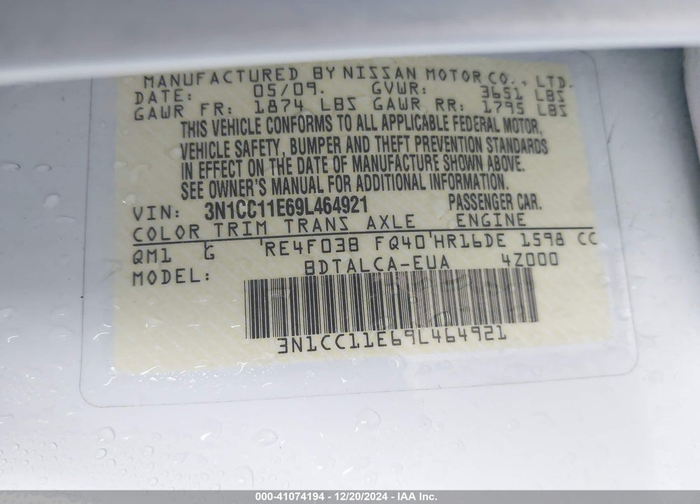 2009 NISSAN VERSA 1.6 VIN: 3N1CC11E69L464921
