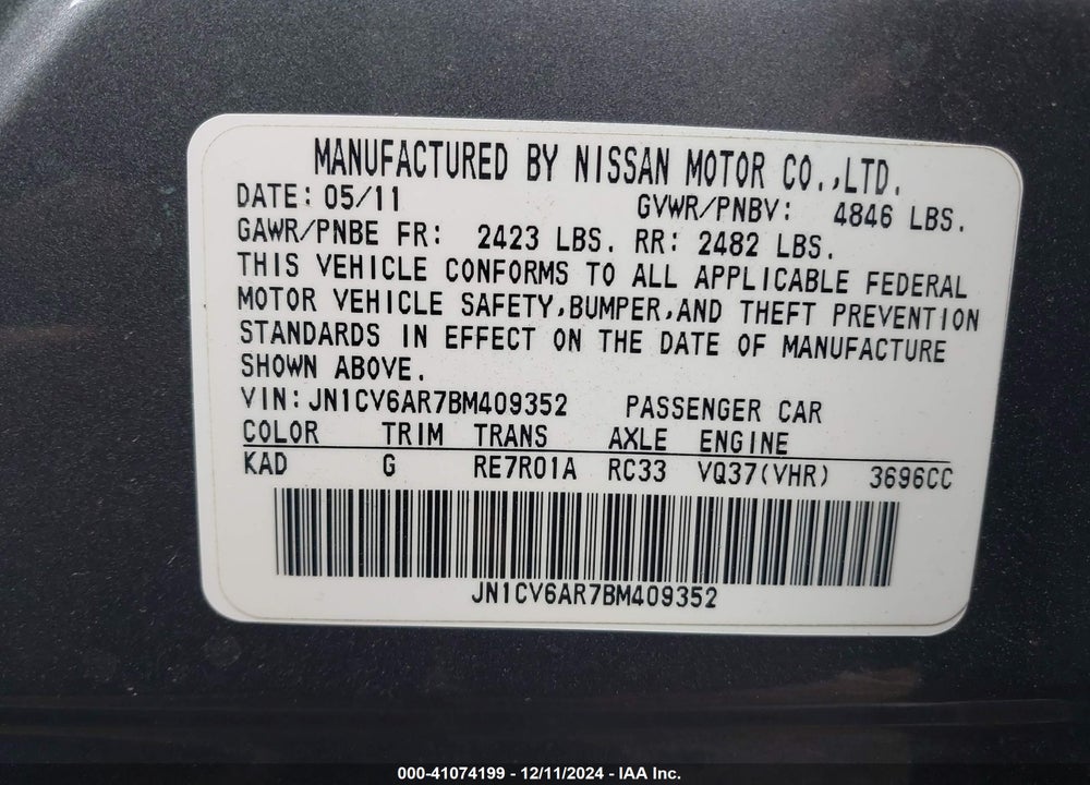 2011 INFINITI G37 VIN: JN1CV6AR7BM409352