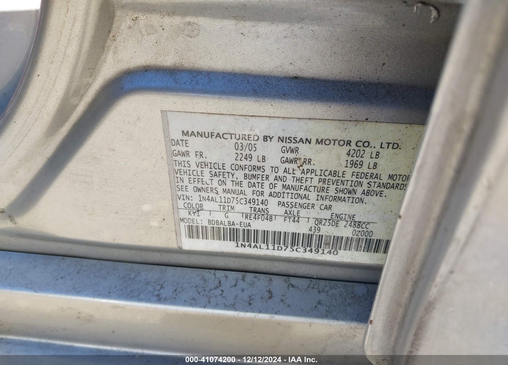 2005 NISSAN ALTIMA 2.5 S VIN: 1N4AL11D75C349140