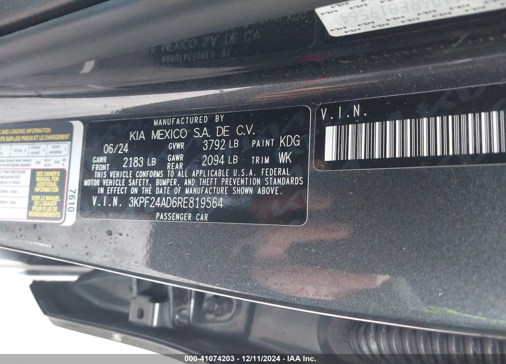 2024 KIA FORTE VIN: 3KPF24AD6RE819564