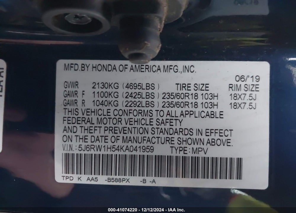 2019 HONDA CR-V EX VIN: 5J6RW1H54KA041959