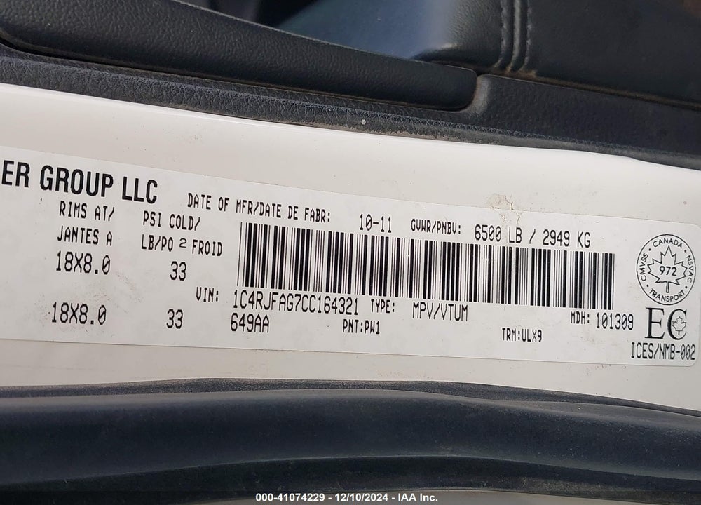 2012 JEEP GRAND CHEROKEE LAREDO VIN: 1C4RJFAG7CC164321