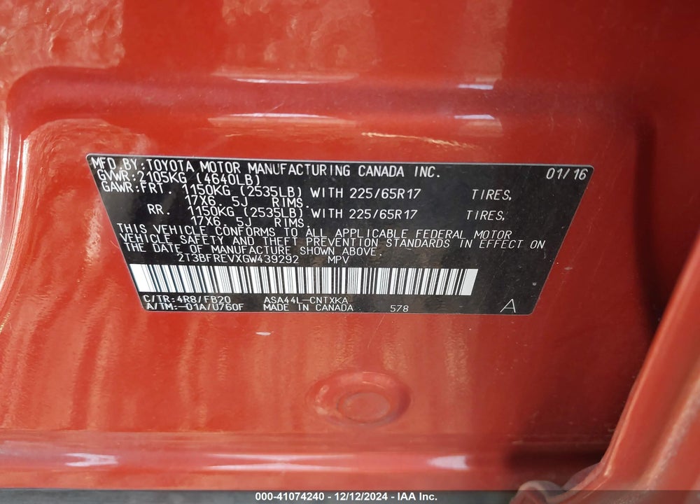 2016 TOYOTA RAV4 LE VIN: 2T3BFREVXGW439292