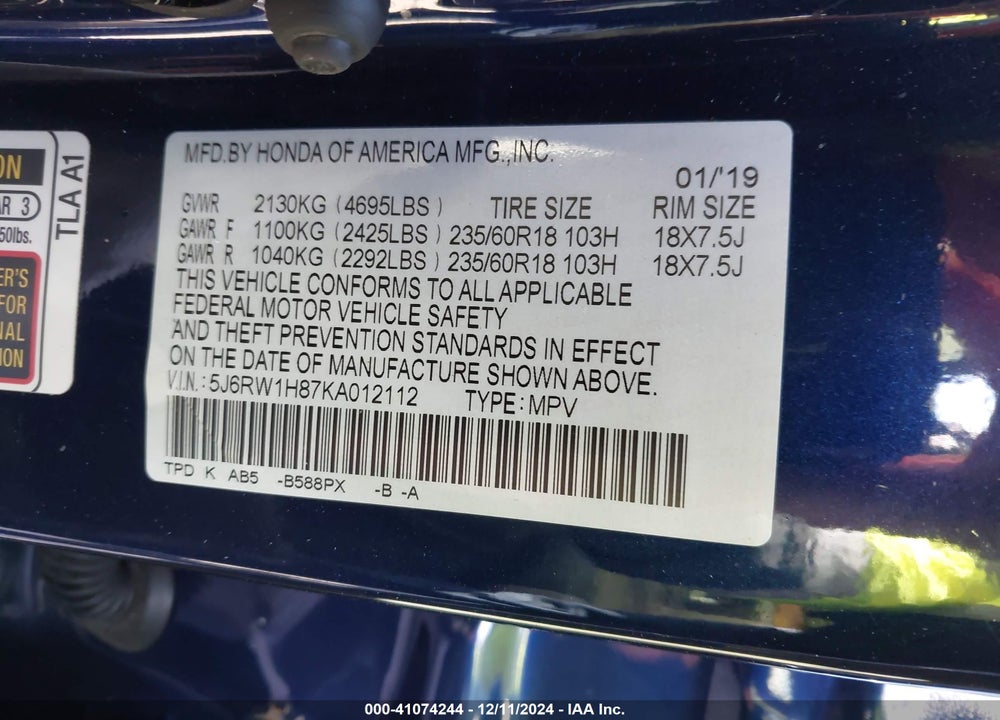 2019 HONDA CR-V EX-L VIN: 5J6RW1H87KA012112