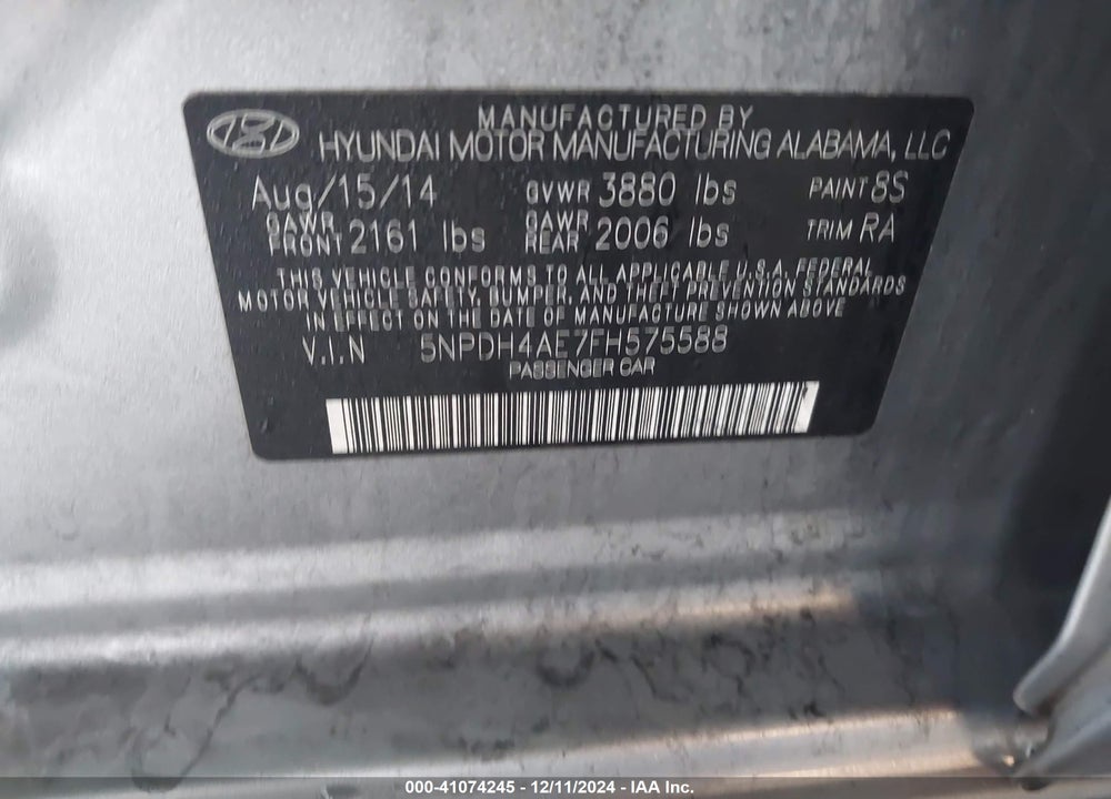 2015 HYUNDAI ELANTRA SE VIN: 5NPDH4AE7FH575588