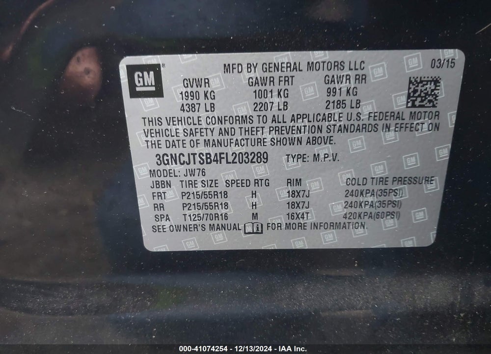 2015 CHEVROLET TRAX LTZ VIN: 3GNCJTSB4FL203289