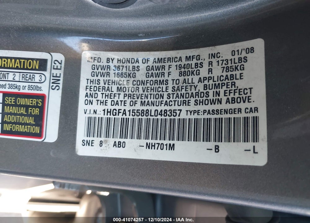2008 HONDA CIVIC LX VIN: 1HGFA15588L048357