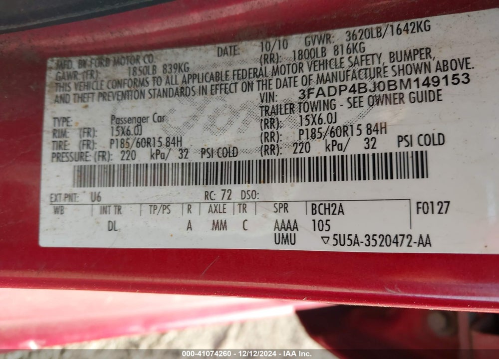 2011 FORD FIESTA VIN: 3FADP4BJ0BM149153