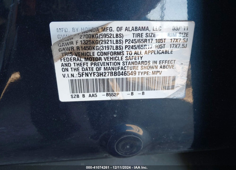 2011 HONDA PILOT LX VIN: 5FNYF3H27BB046549