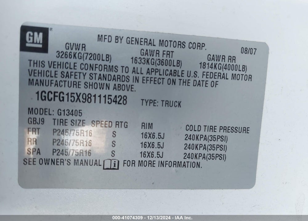2008 CHEVROLET EXPRESS WORK VAN VIN: 1GCFG15X981115428