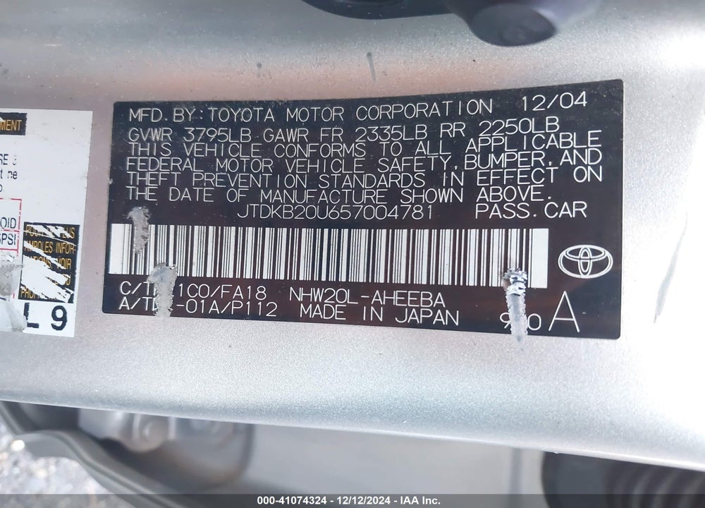 2005 TOYOTA PRIUS VIN: JTDKB20U657004781