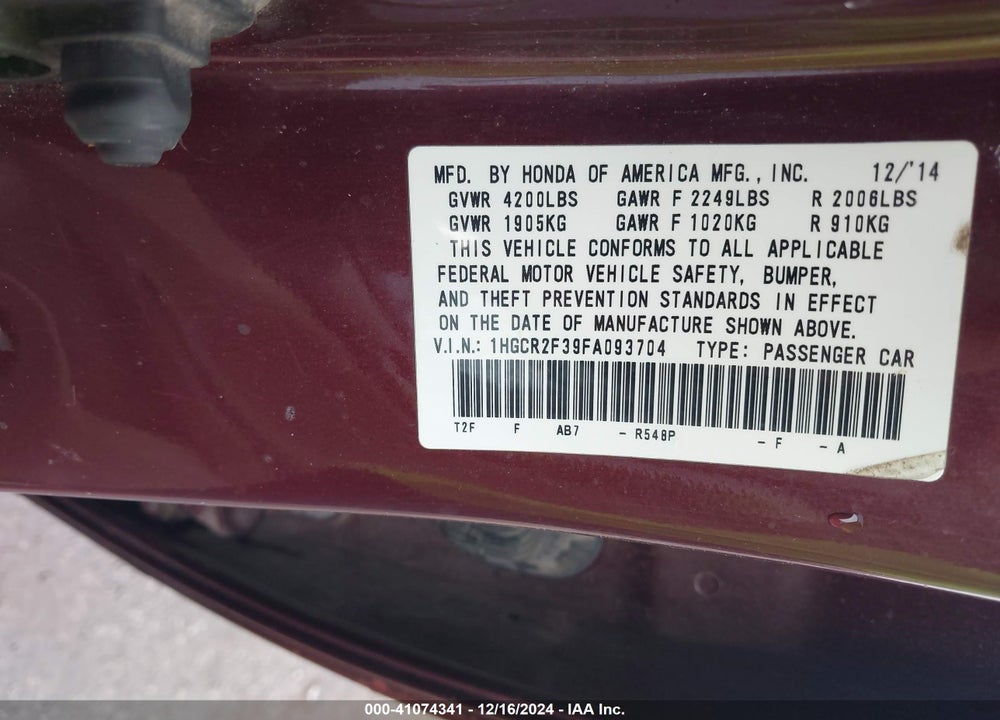2015 HONDA ACCORD VIN: 1HGCR2F39FA093704