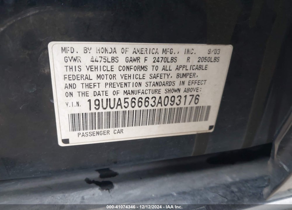 2003 ACURA TL 3.2 VIN: 19UUA56663A093176