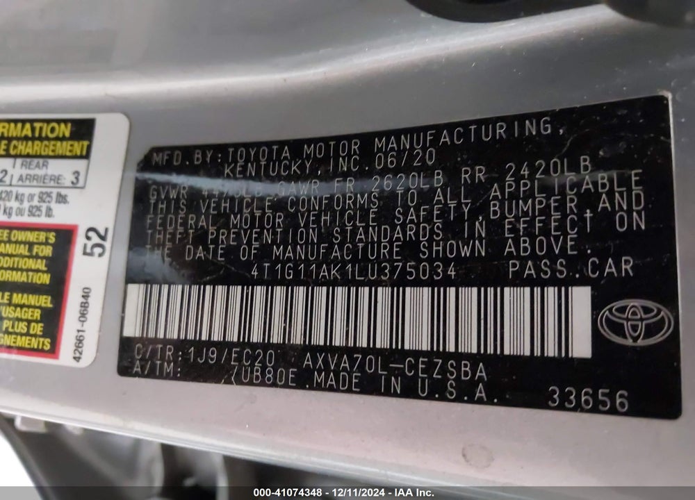 2020 TOYOTA CAMRY VIN: 4T1G11AK1LU375034