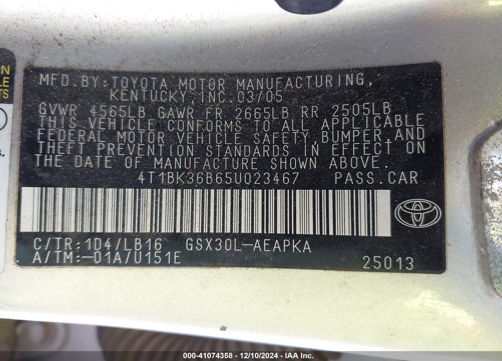 2005 TOYOTA AVALON LIMITED VIN: 4T1BK36B65U023467