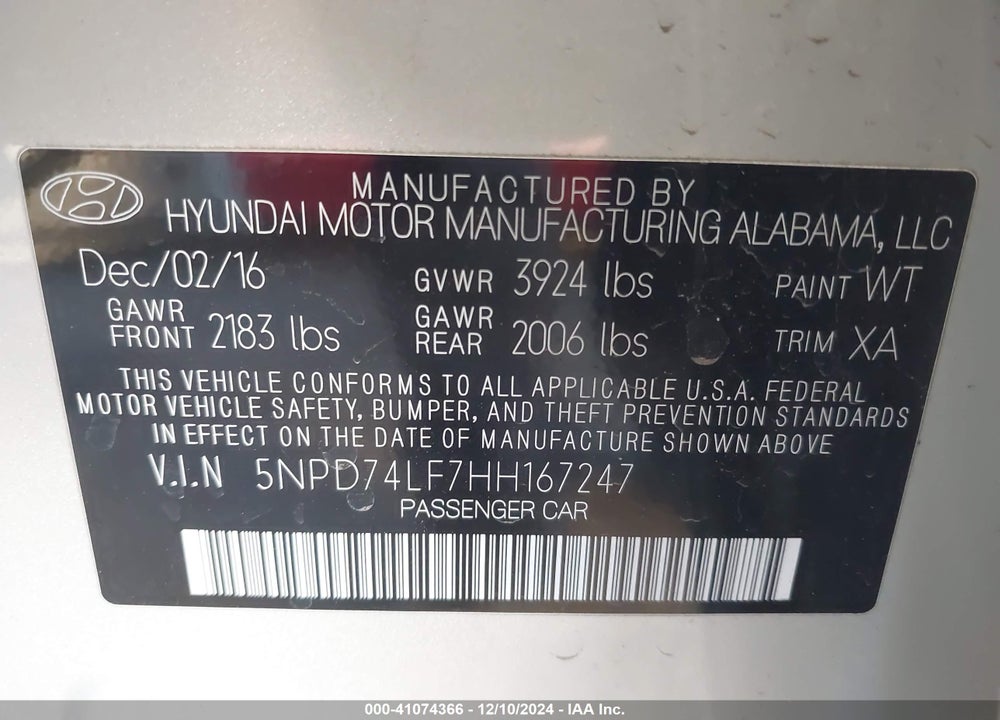 2017 HYUNDAI ELANTRA SE VIN: 5NPD74LF7HH167247