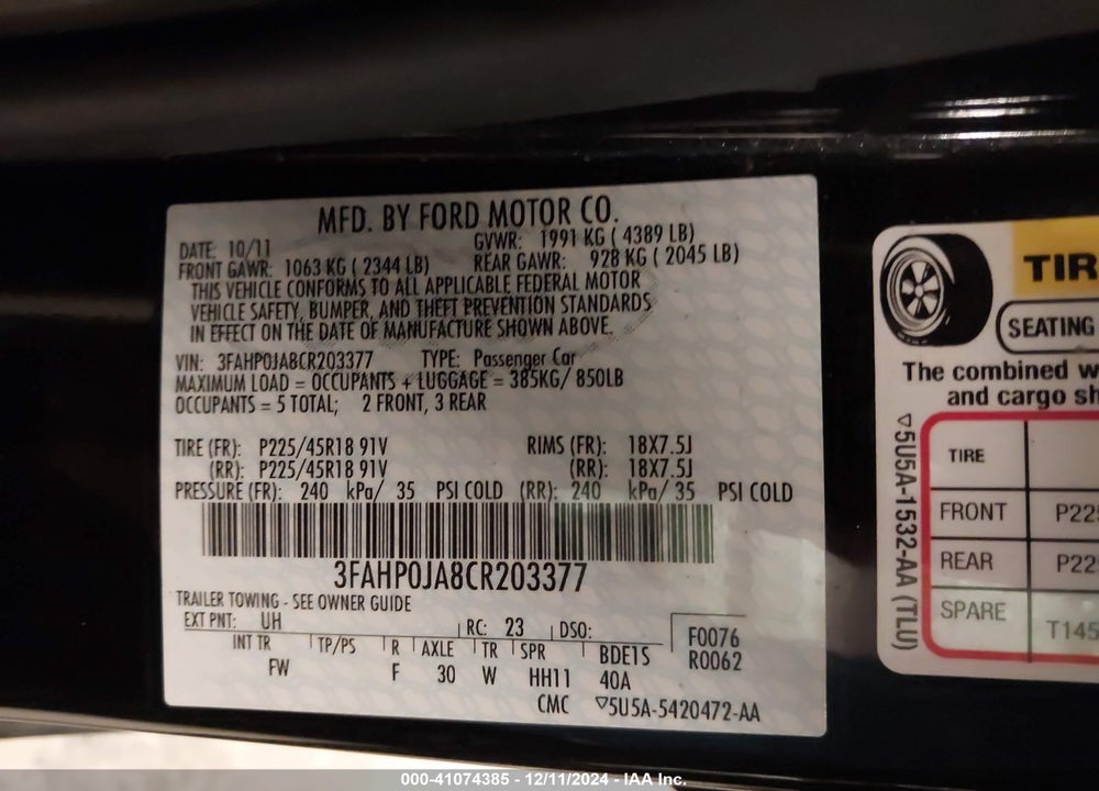 2012 FORD FUSION SEL VIN: 3FAHP0JA8CR203377