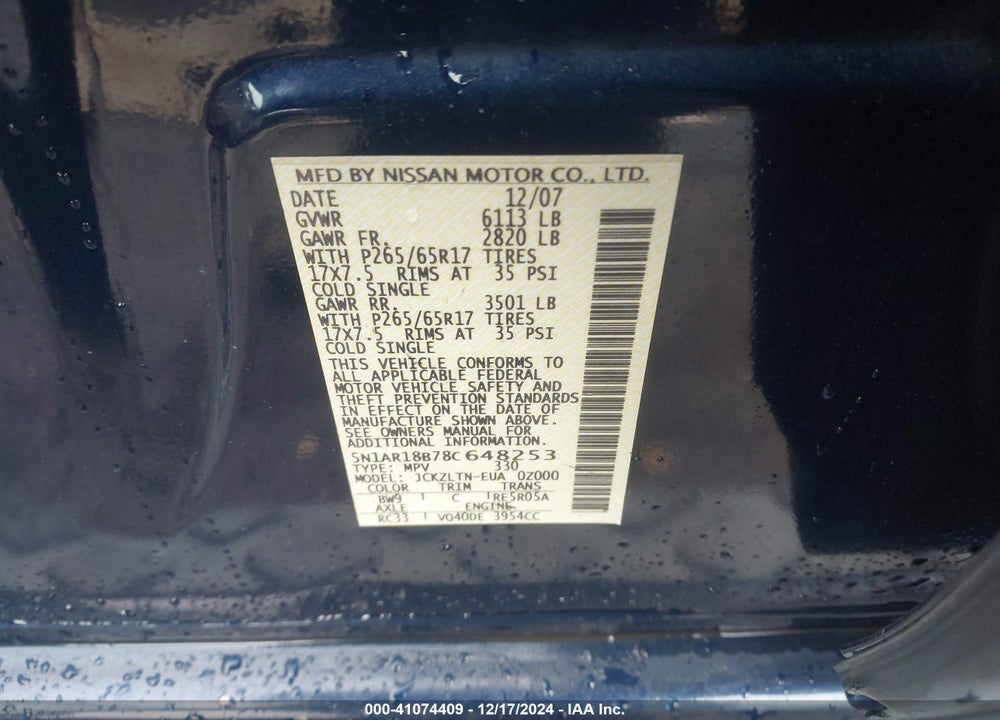 2008 NISSAN PATHFINDER SE VIN: 5N1AR18B78C648253