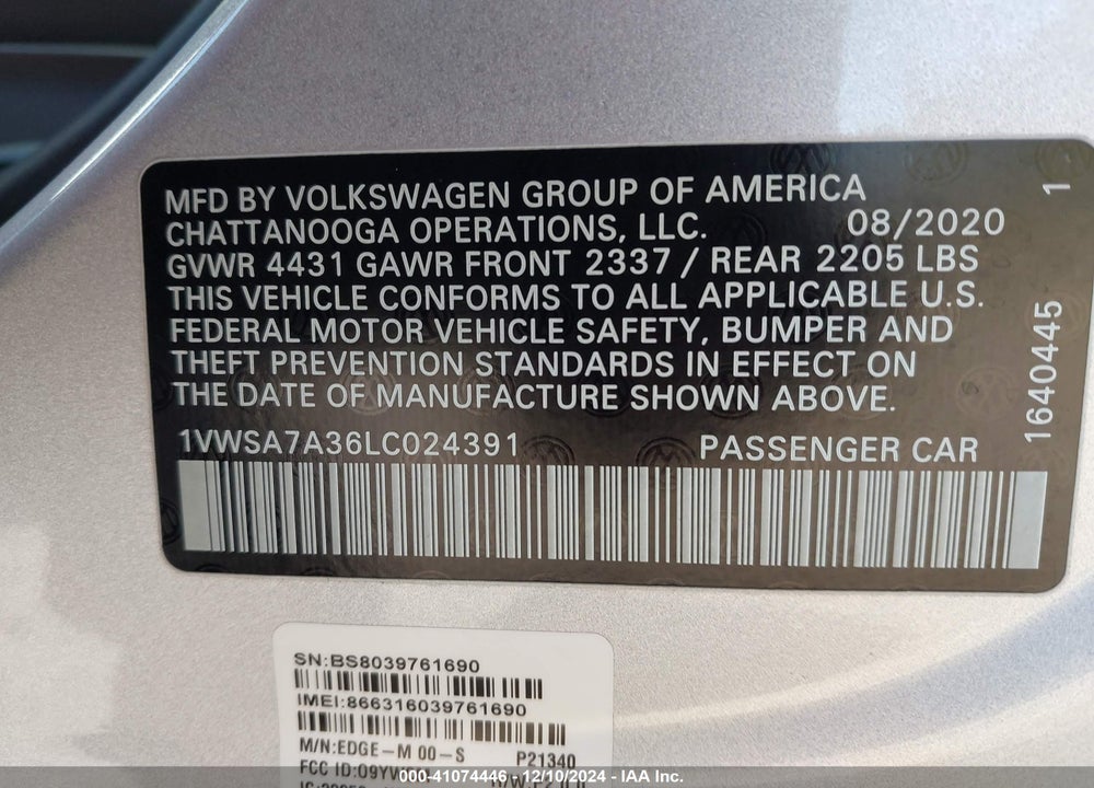 2020 VOLKSWAGEN PASSAT VIN: 1VWSA7A36LC024391